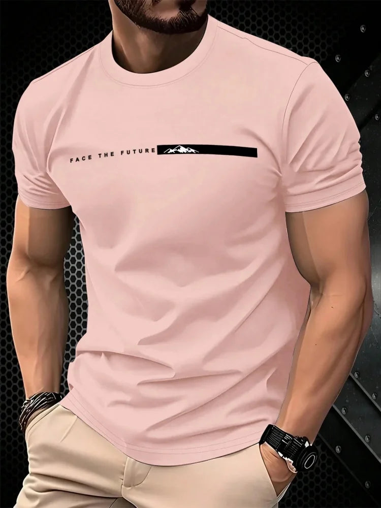 Summer men's casual sports loose oversized simple letter pattern printed round neck short sleeved T-shirt top