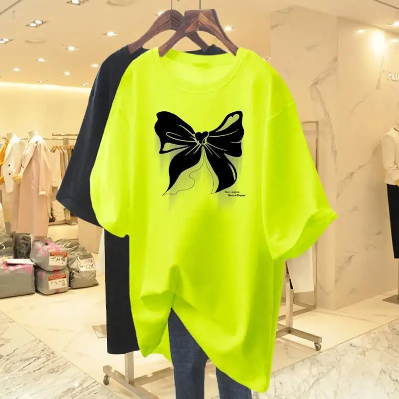 White Cotton Loose Round Neck Bow Short Sleeve T-shirt Women's Mid Length 2023 Summer