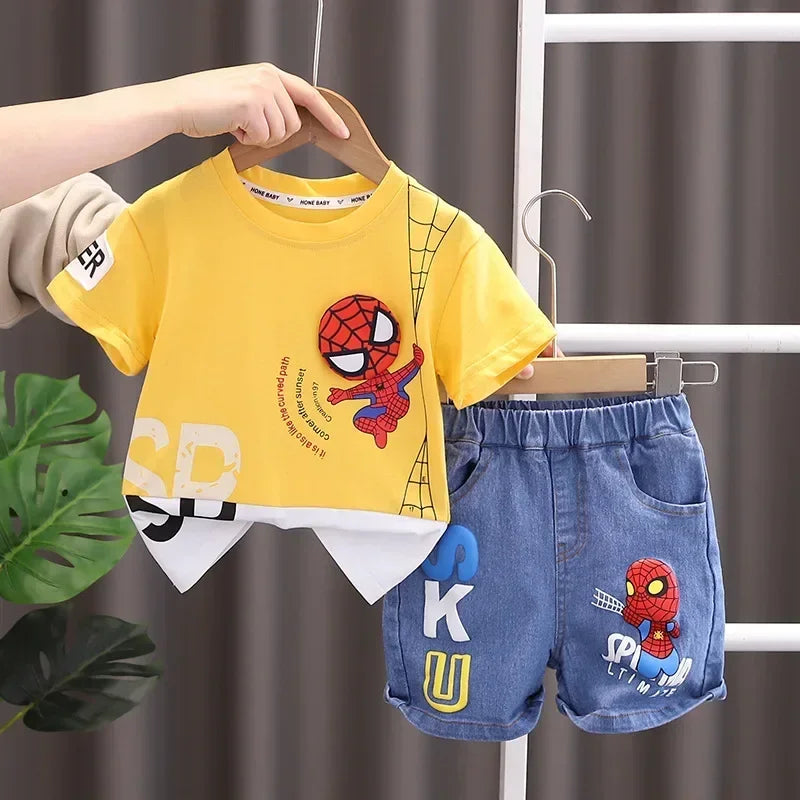 2024 Summer Baby Boys Spiderman Short Sleeve T-shirt+Jeans Sets Clothes Kids Fashion Clothing Outfits
