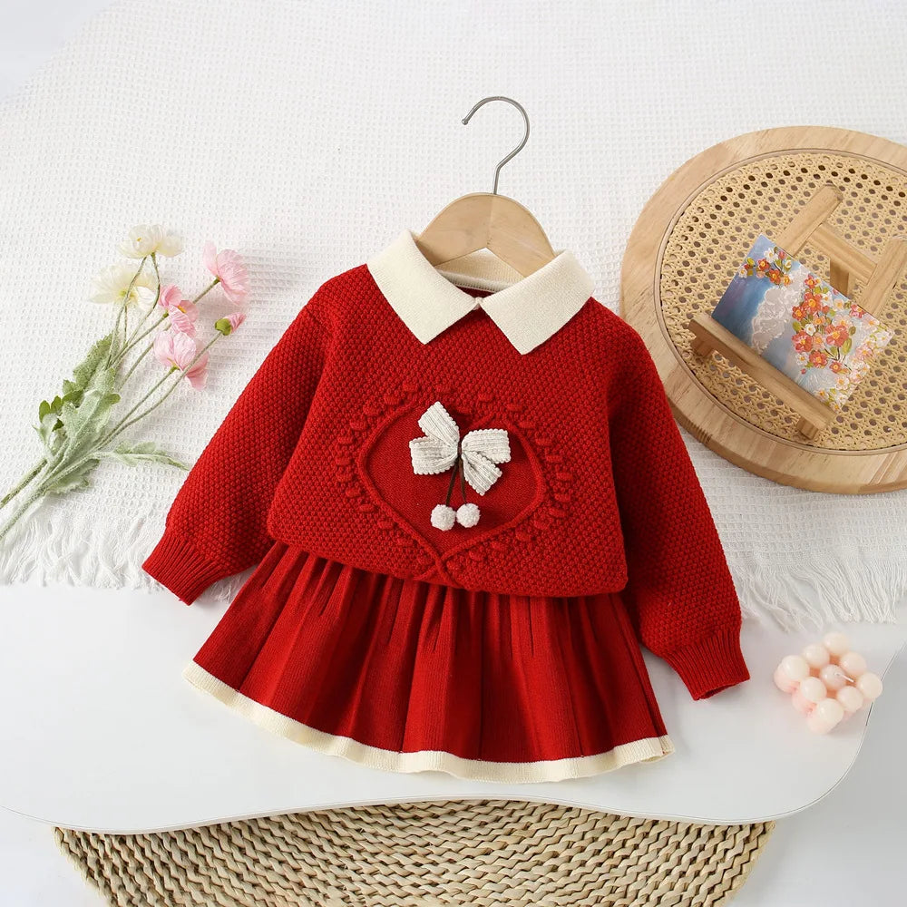MILANCEL New Autumn Kids Sweater Set 9M-5T Cute Bow Girls Knitted Pullover +Skirts Korean Version Children
