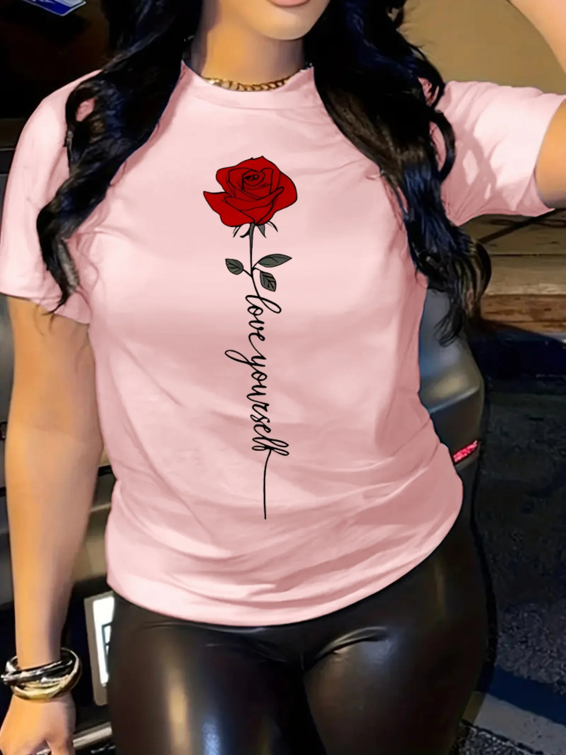 Summer women's fashionable casual loose I love you rose print round neck short sleeved comfortable T-shirt