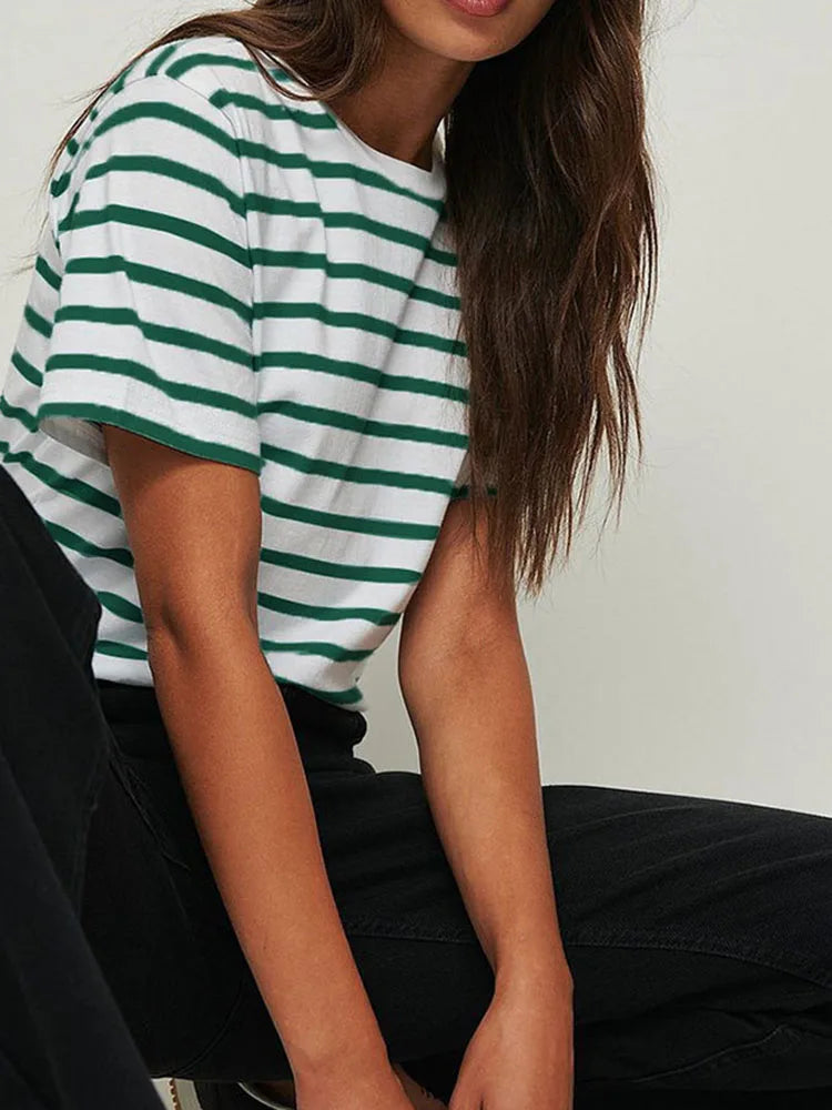 Summer Short Sleeve Striped T-Shirts Women Knitted Basic Casual Tops Female Cozy Loose Cotton Tee
