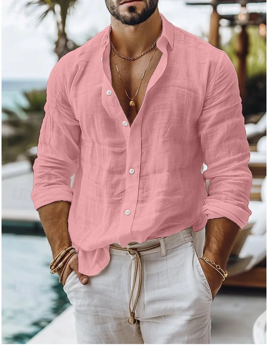 Men's cotton Linen Shirt Button Up  Summer Shirt Beach Shirt   Long Sleeve Plain Lapel Spring & Summer