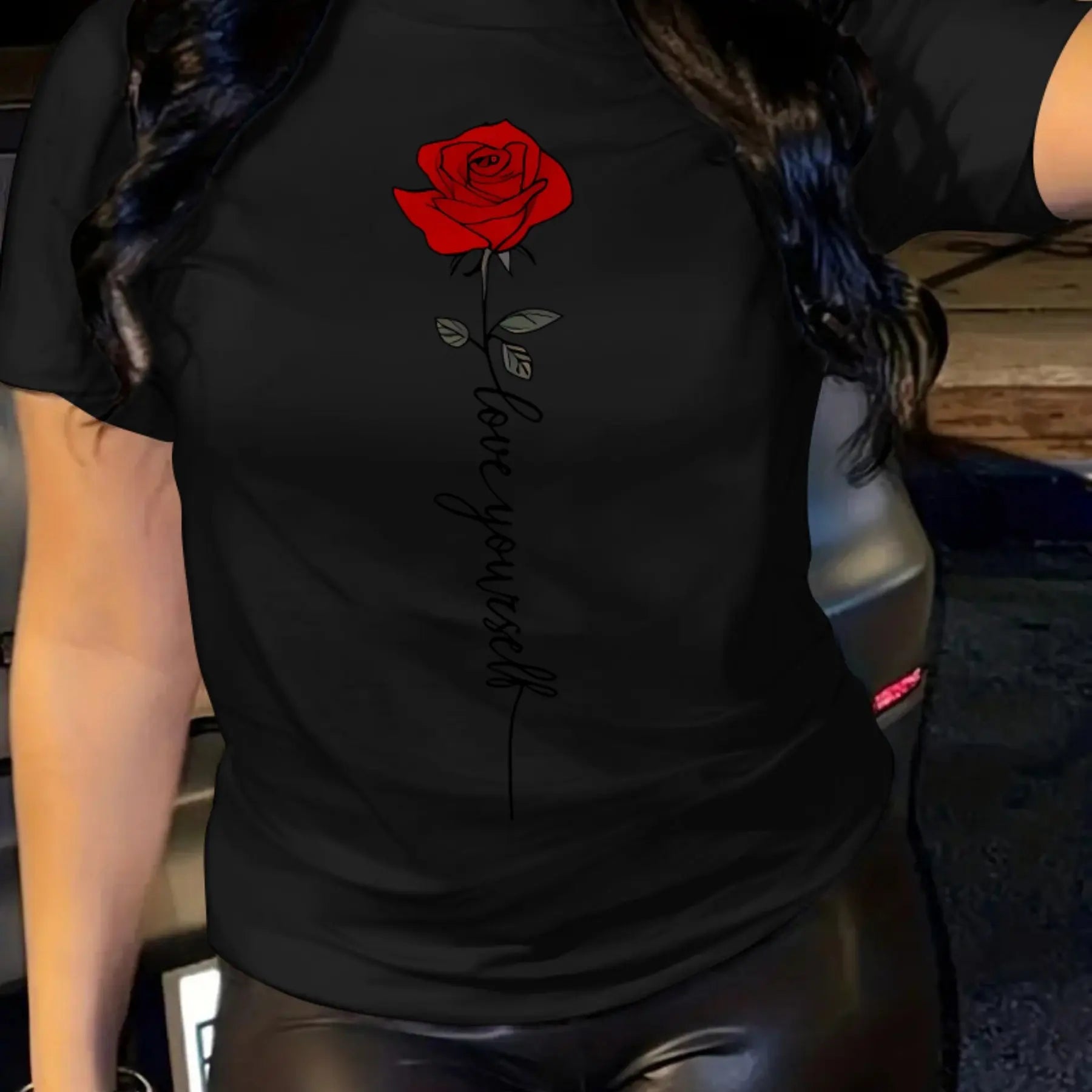 Summer women's fashionable casual loose I love you rose print round neck short sleeved comfortable T-shirt
