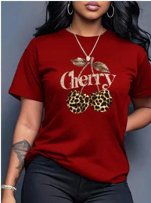 Women's Casual Cherry Print T-Shirt with Leopard Print Cherries & Letter Design - Short Sleeve, Crew Neck
