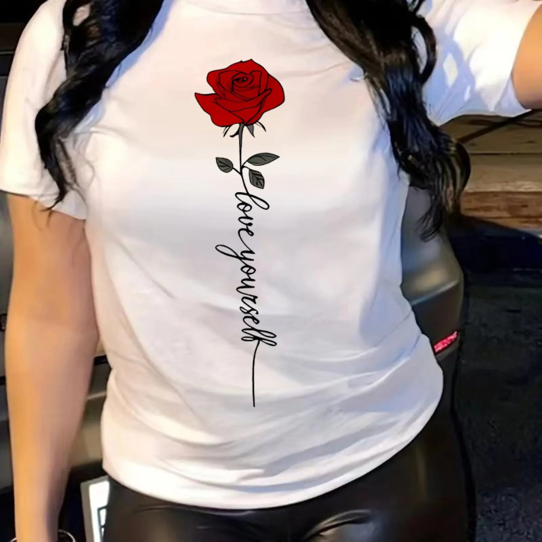 Summer women's fashionable casual loose I love you rose print round neck short sleeved comfortable T-shirt