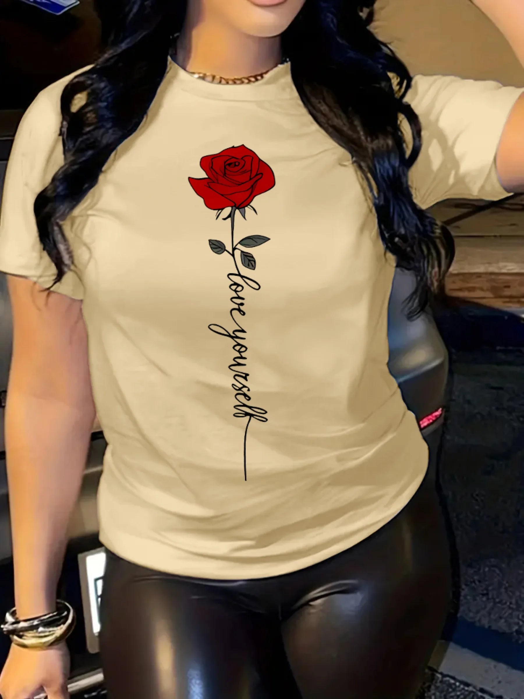 Summer women's fashionable casual loose I love you rose print round neck short sleeved comfortable T-shirt