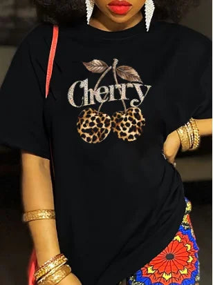 Women's Casual Cherry Print T-Shirt with Leopard Print Cherries & Letter Design - Short Sleeve, Crew Neck