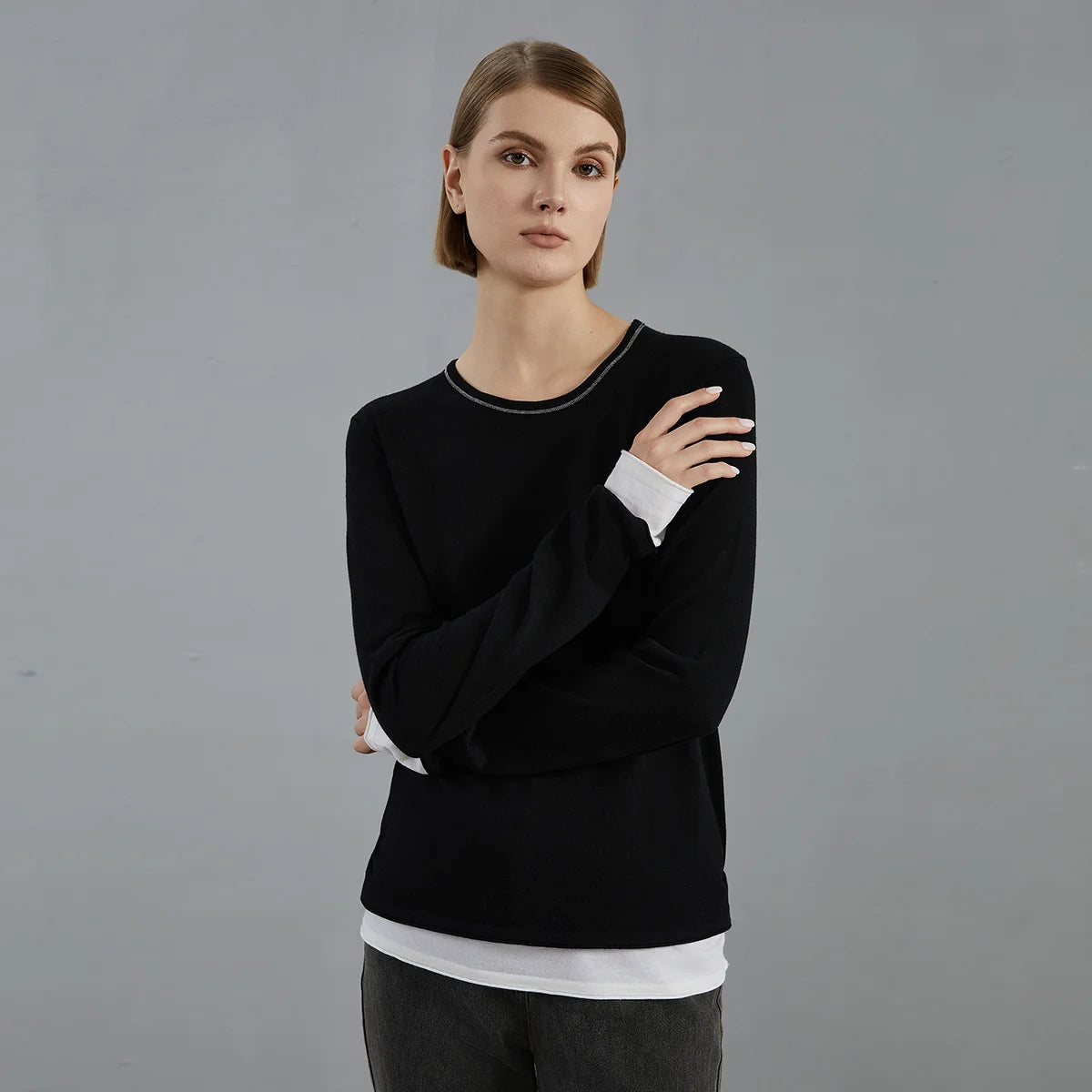 BC776 High Quality Luxury Women's Clothing 100% Wool  thin Pullover Fake two pieces Knitted Sweater Winter