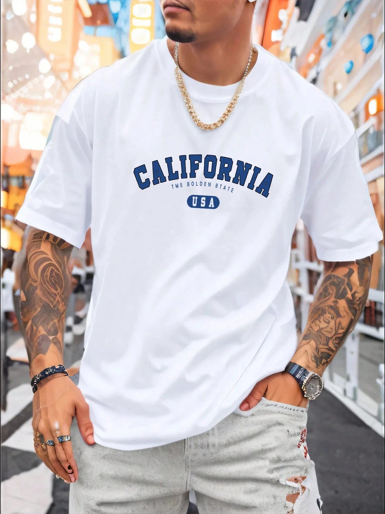 Men's Summer New 3D Tshirts Fashion California Letter Printed Loose Large Casual Comfortable Round Neck Short