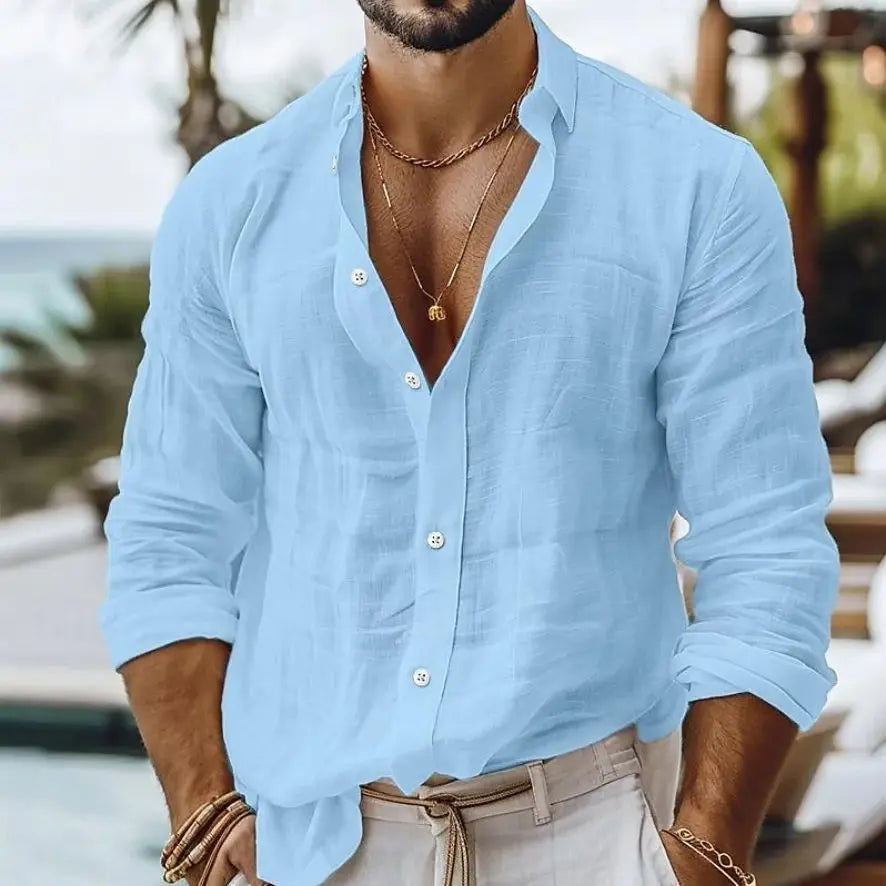 Men's cotton Linen Shirt Button Up  Summer Shirt Beach Shirt   Long Sleeve Plain Lapel Spring & Summer