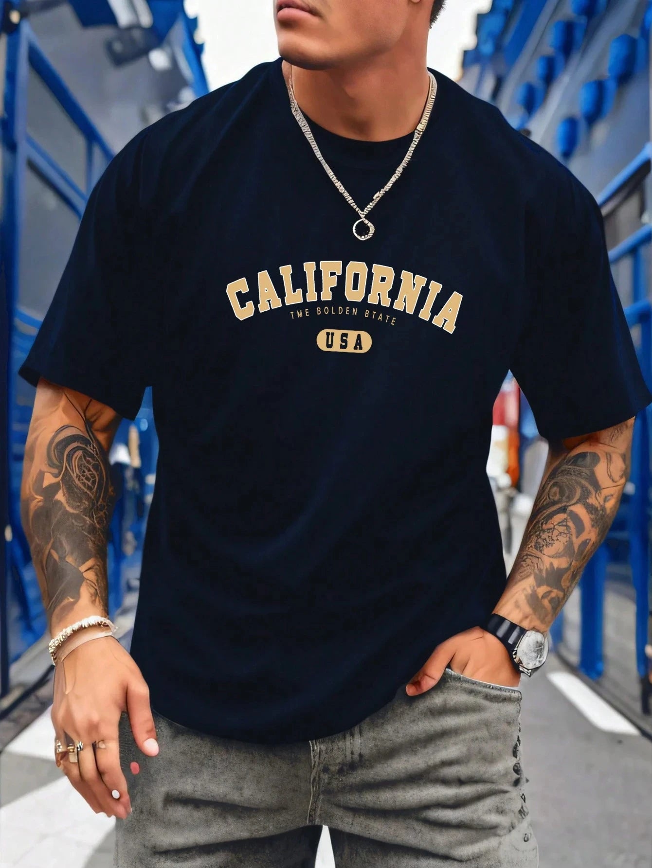 Men's Summer New 3D Tshirts Fashion California Letter Printed Loose Large Casual Comfortable Round Neck Short