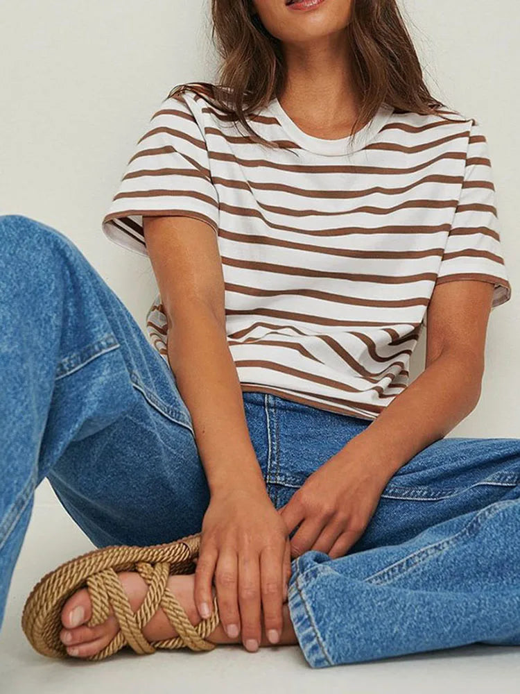 Summer Short Sleeve Striped T-Shirts Women Knitted Basic Casual Tops Female Cozy Loose Cotton Tee
