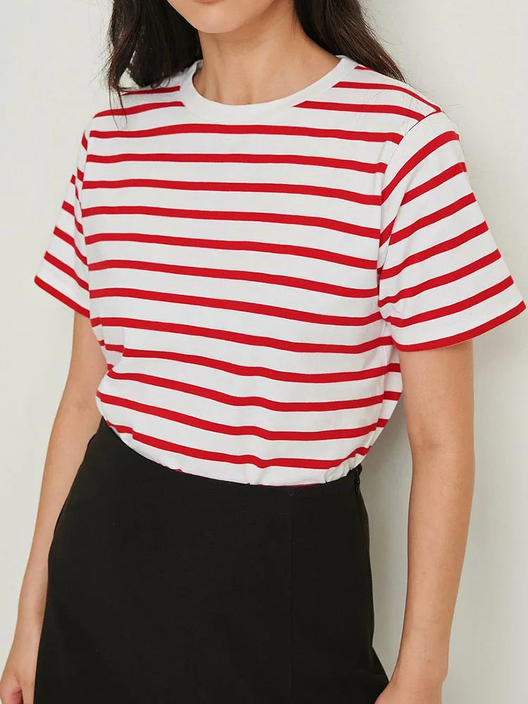 Summer Short Sleeve Striped T-Shirts Women Knitted Basic Casual Tops Female Cozy Loose Cotton Tee