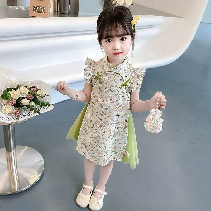 Tang Girls Casual Dresses Chinese Kids Clothes Perform Cheongsams Fashion Girl Hanfu Dress Summer