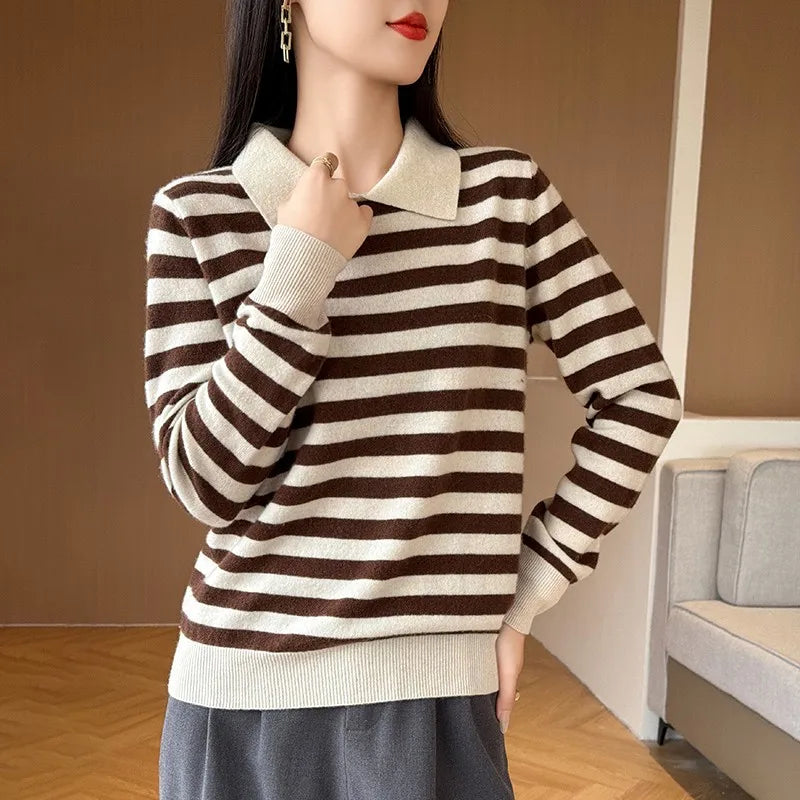 Autumn Winter Woman 100% Merino Wool Sweater POLO Collar Pullover Colorful Stripes Knitwear