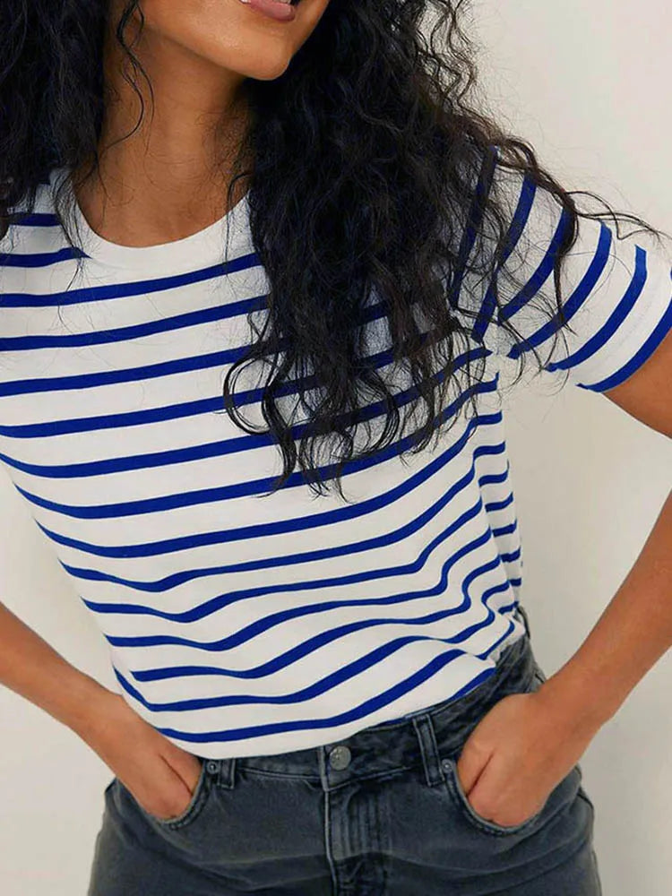 Summer Short Sleeve Striped T-Shirts Women Knitted Basic Casual Tops Female Cozy Loose Cotton Tee